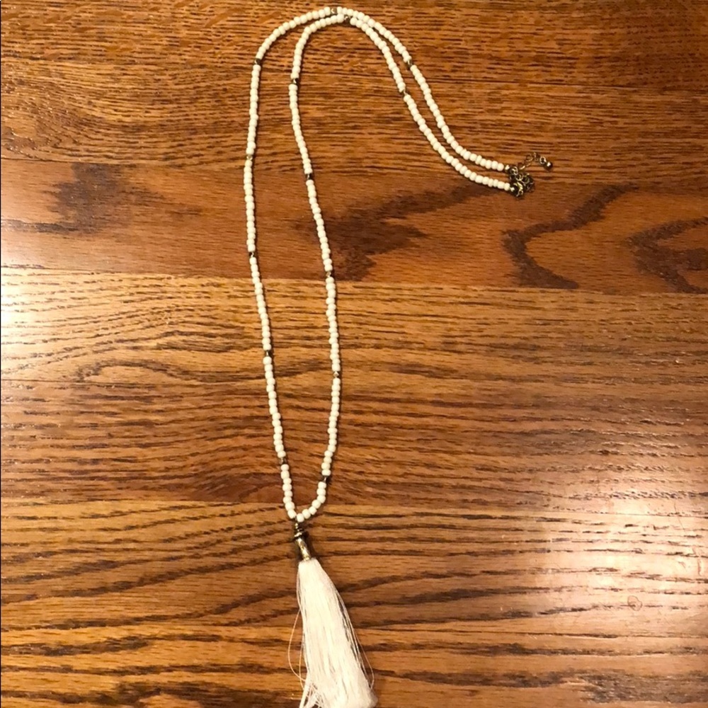 Tassel necklace w/white beads & Gold accents